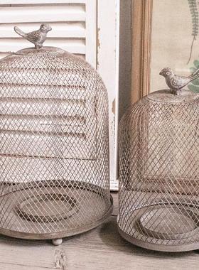 原创设计外贸出口美式乡村复古做旧铁艺桌面摆件花园鸟窝镂空烛台