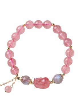 天然草莓晶手链女桃花朵朵开小众闺蜜学生粉色珠子水晶手串