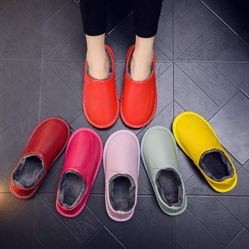 全包带跟秋冬季牛皮面防水棉拖鞋男女情侣室内厚底冬天保暖居家鞋