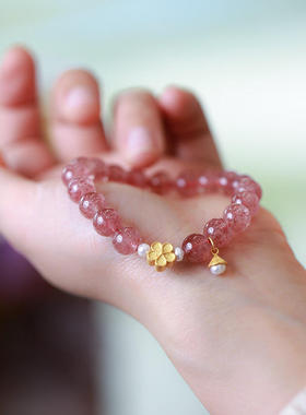 时尚天然草莓晶手链女纯银镀金桃花草莓晶手串送闺蜜古风生日礼物