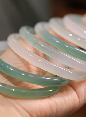 远山黛天然8MM半山半水玉髓玛瑙手镯天青色高冰种镯子油青美人条