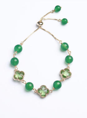 天然8MM绿玛瑙四叶草手链女可调节绿玉髓玛瑙手串闺蜜学生礼物