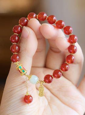天然红玛瑙手链女和田玉小蛮腰好运手串相思豆本命年七夕礼物