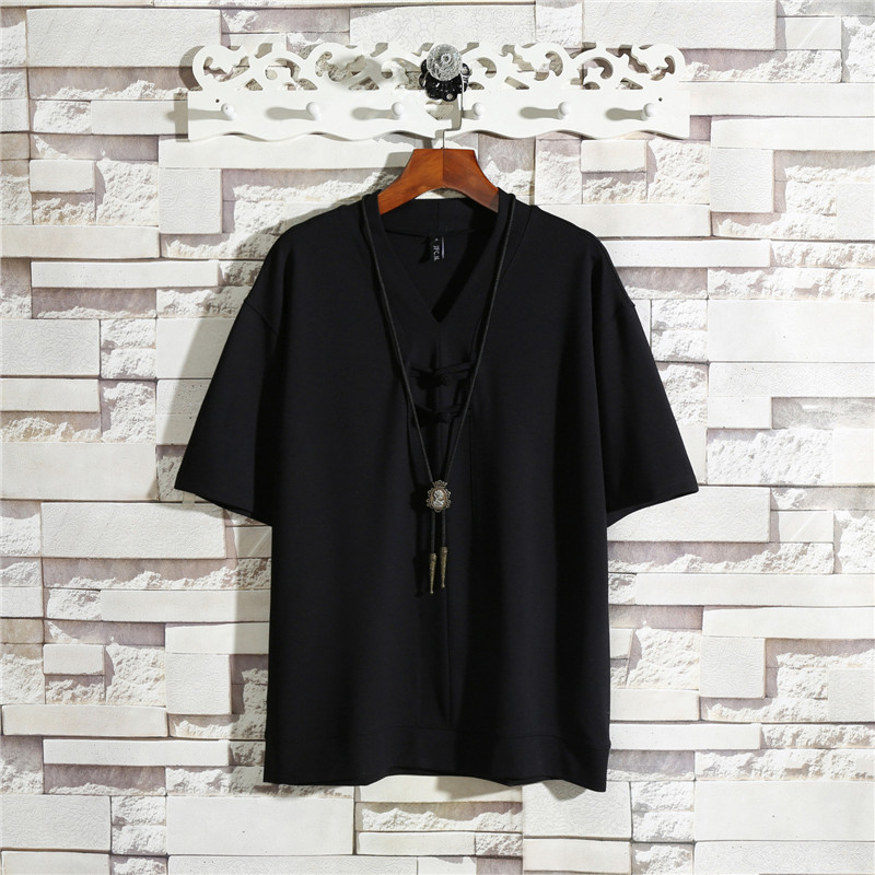 风纯色大码光板盘扣短袖