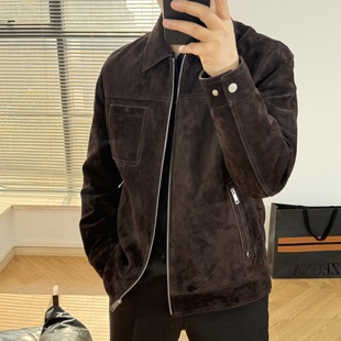 Valmonti男士秋冬可脱卸反绒阿塞拜疆山羊皮翻领百搭休闲夹克外套