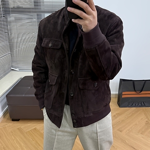 Valmonti阿塞拜疆秋冬男士RL紫标混种山羊皮反绒小立领夹克25046