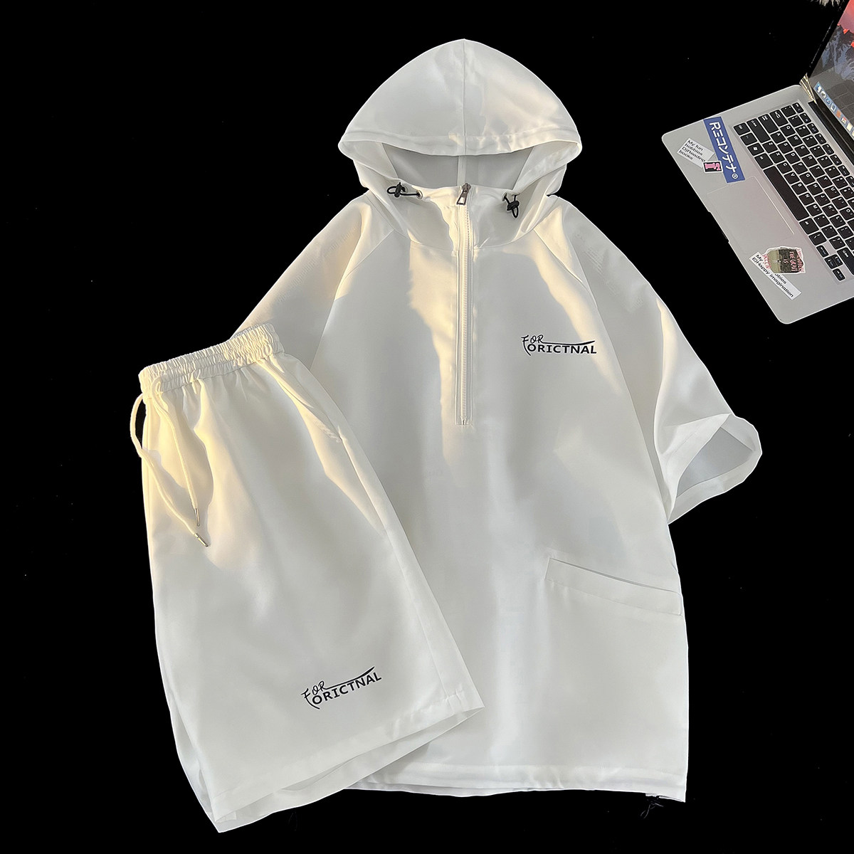 916-955-特P58无差价夏装连帽短袖T恤短裤大码套装港风平铺，男装牛仔裤，星座916