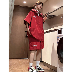 916-955-特P58无差价夏装连帽短袖T恤短裤大码套装中性M-5XL,脸小的胖男人穿搭夏装图片