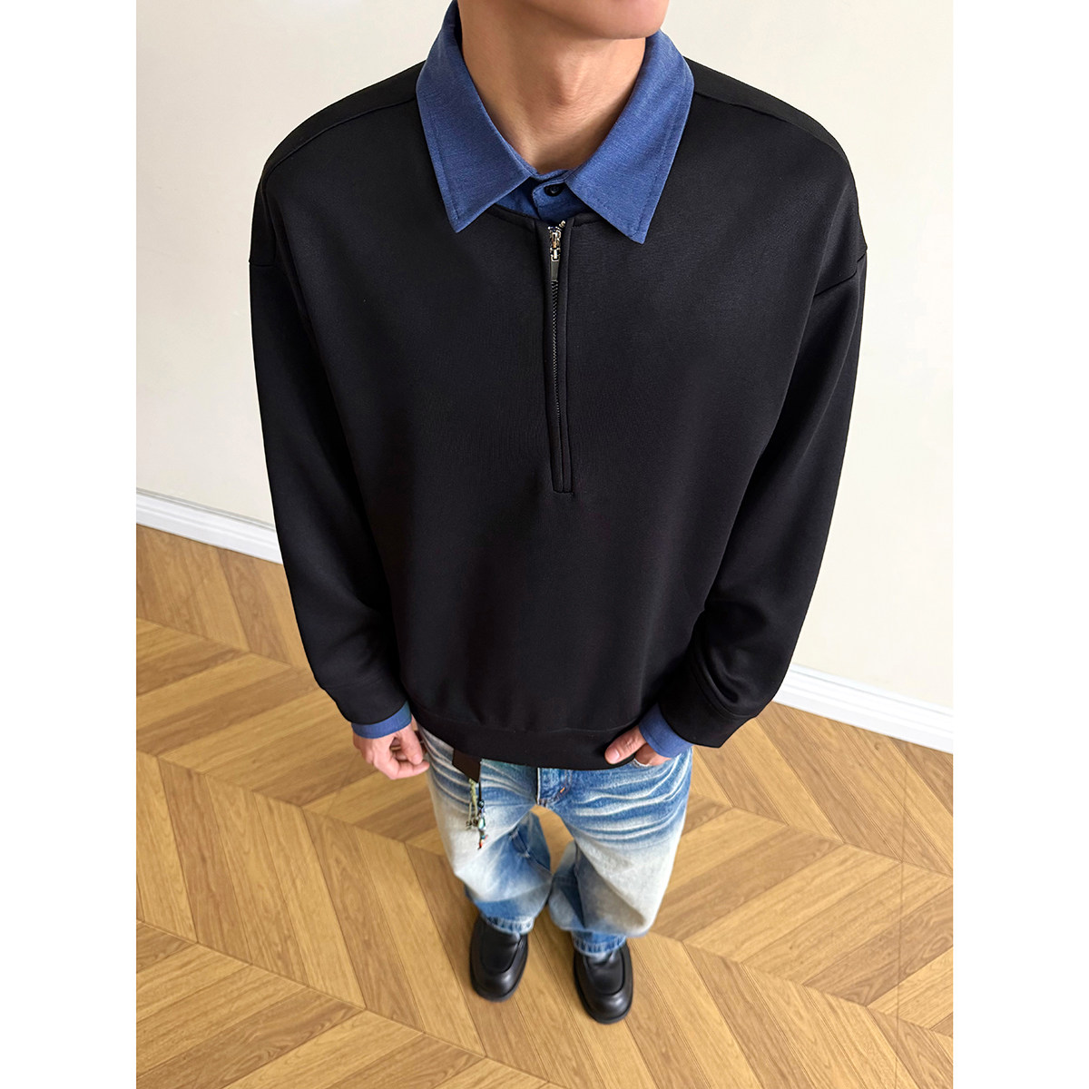 916-W97-特P55无差价现货重磅2026春装新款拼接假两件卫衣美式，男装卫衣，星座916