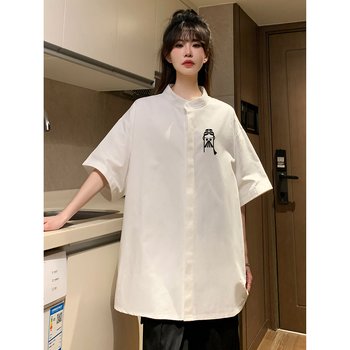 916-C67-P45 棉 高品质 新中式圆领短袖衬衫 中性 M-5XL 控68图片
