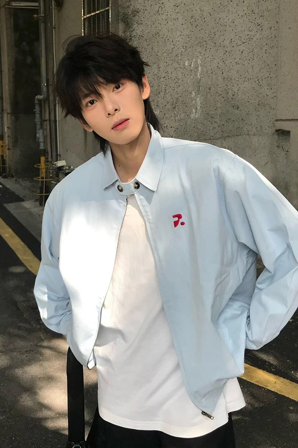 浅蓝色短款哈灵顿夹克男款春秋少年感美式翻领棒球服痞帅正肩外套,男装夹克,星座916