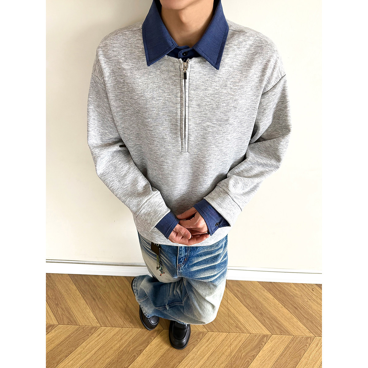 916-W97-特P55无差价现货重磅2026春装新款拼接假两件卫衣美式,男装卫衣,星座916