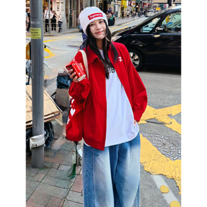 美式红色工装短款夹克男女款秋哈灵顿立领衬衫外套潮牌情侣棒球服图片