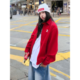 美式红色工装短款夹克男女款秋哈灵顿立领衬衫外套潮牌情侣棒球服，男装夹克，星座916