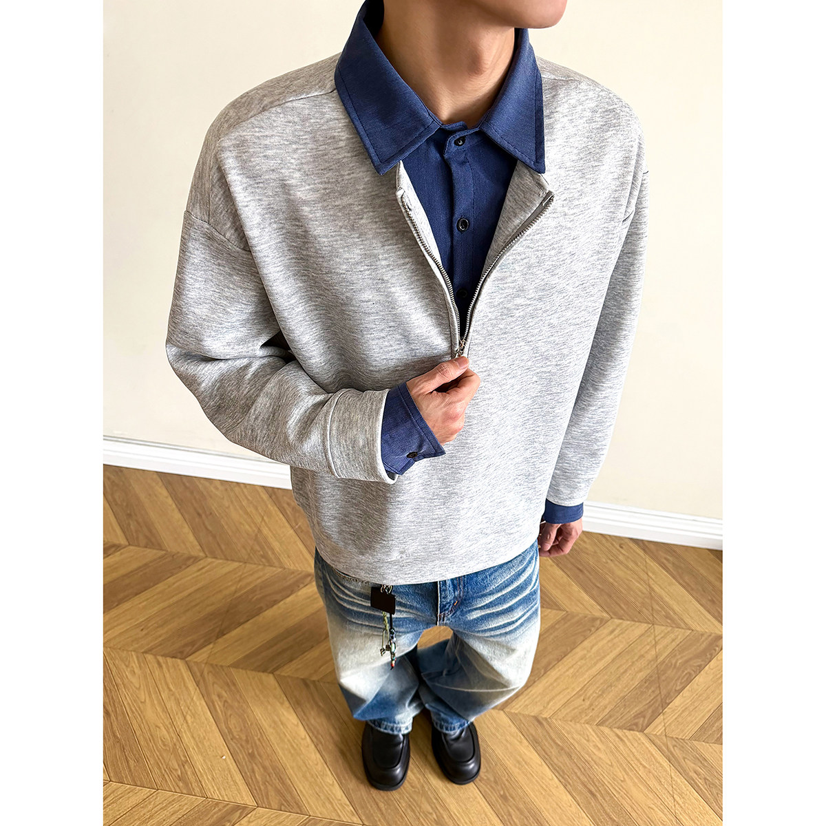 916-W97-特P55无差价现货重磅2026春装新款拼接假两件卫衣美式，男装卫衣，星座916