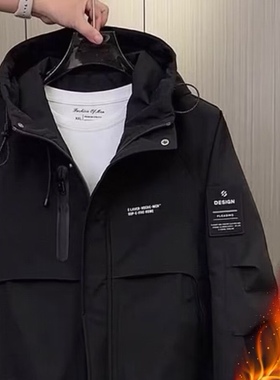 工装连帽二棉外套男士2025秋冬季新款加棉休闲百搭防风冲锋衣夹克