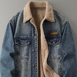 美式复古加绒加厚牛仔外套男2025冬季潮牌百搭羊羔绒保暖棉服夹克