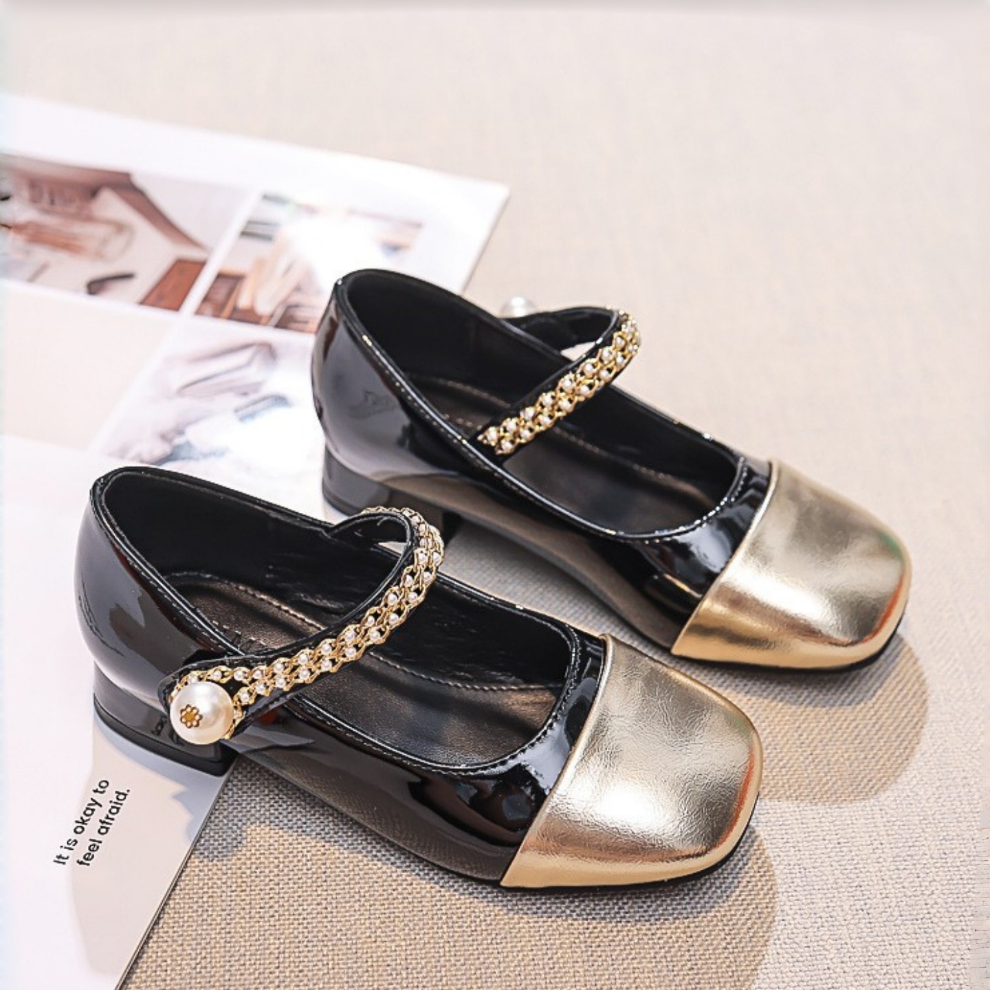 女童法式珍珠链条玛丽珍鞋礼服鞋