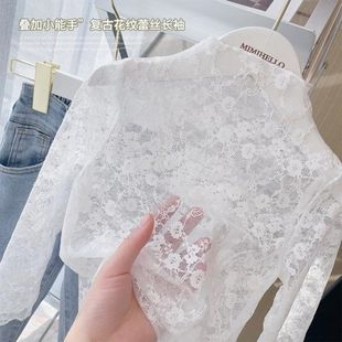 女童T恤紧身复古风白色长袖蕾丝打底衫女薄款镂空网纱内搭洋气衫