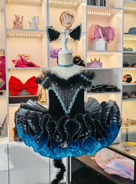 仙童堡定制儿童黑色钻石芭蕾舞TUTU裙专业表演服银灰色湖蓝蓬蓬裙