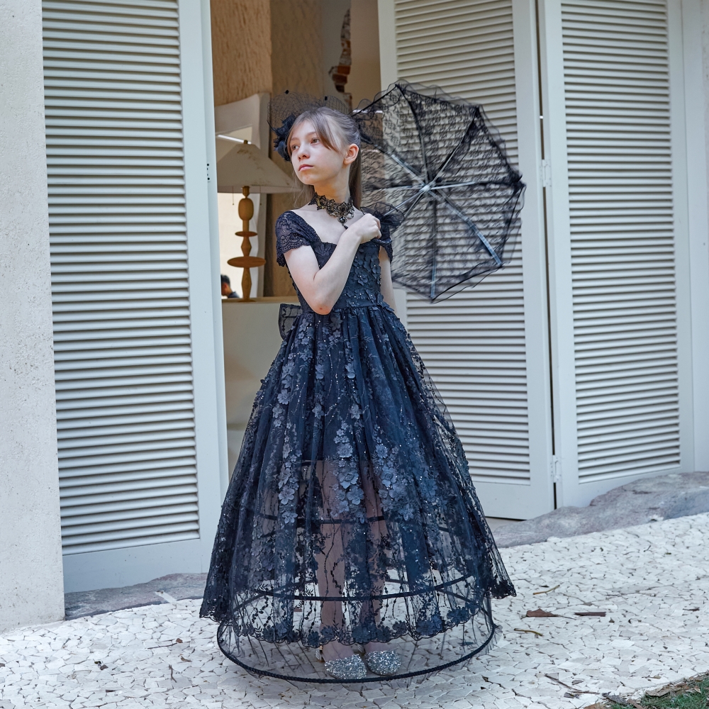 仙童堡儿童黑色刺绣蕾丝礼服女童走秀笼个性服装中大童生日连衣裙