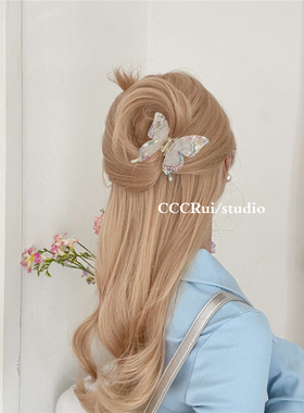 CCCRUI 超仙醋酸镶钻蝴蝶抓夹小众发抓Y2K气质高级鲨鱼夹半扎发夹