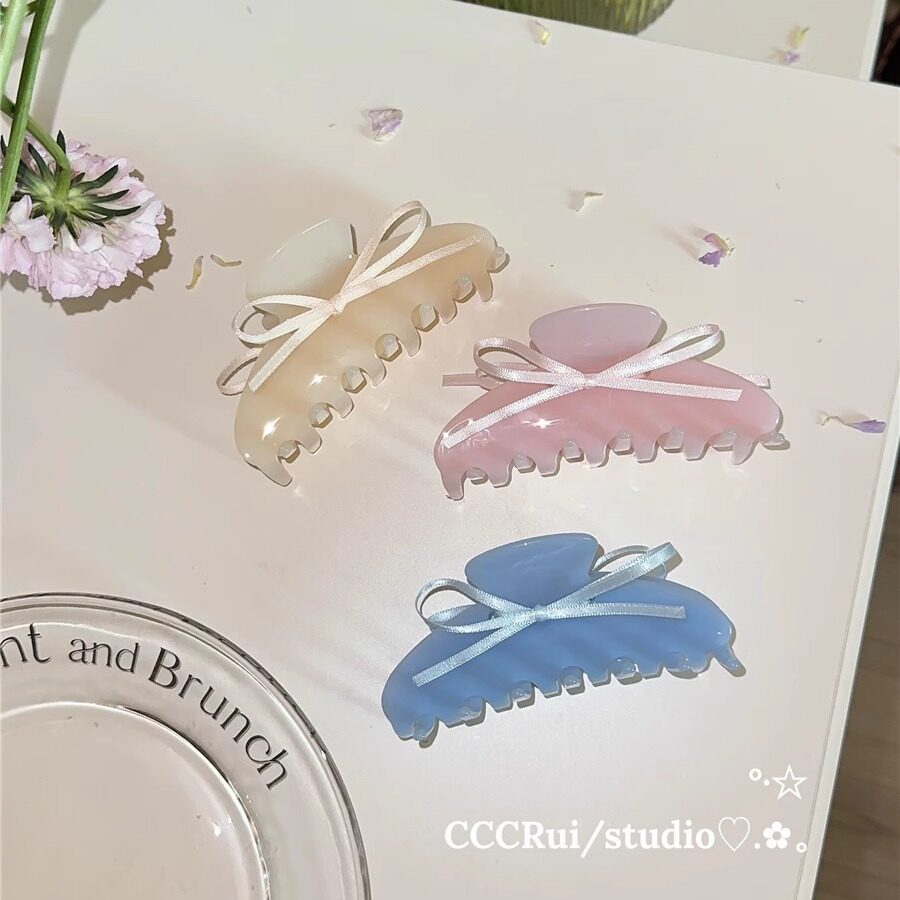 CCCRUI定制！甜美果冻色清新系带蝴蝶结抓夹少女心丝带盘发鲨鱼夹