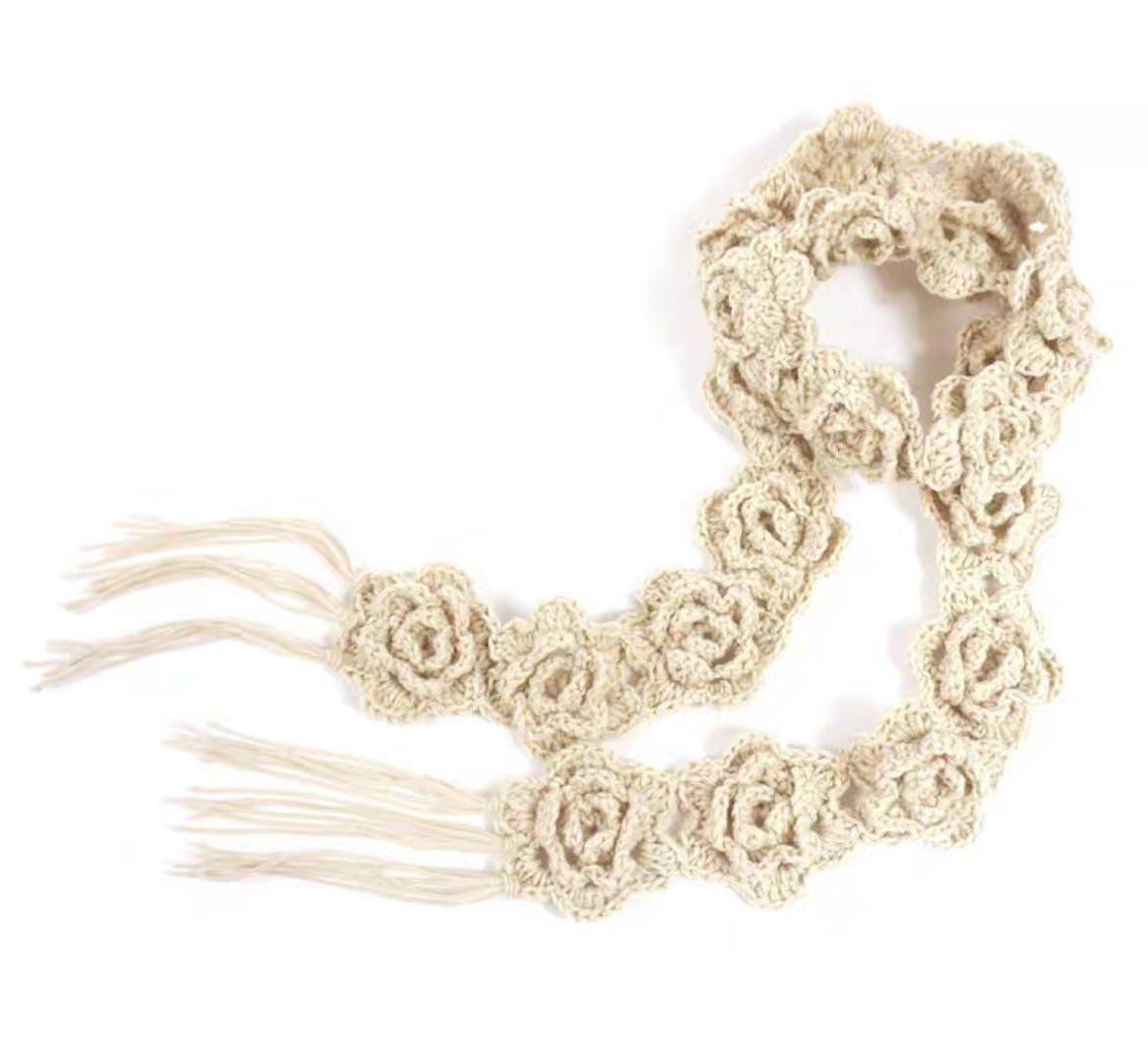 时尚围巾毛线立体花朵围巾 钩花围巾围脖手工编织流苏围巾