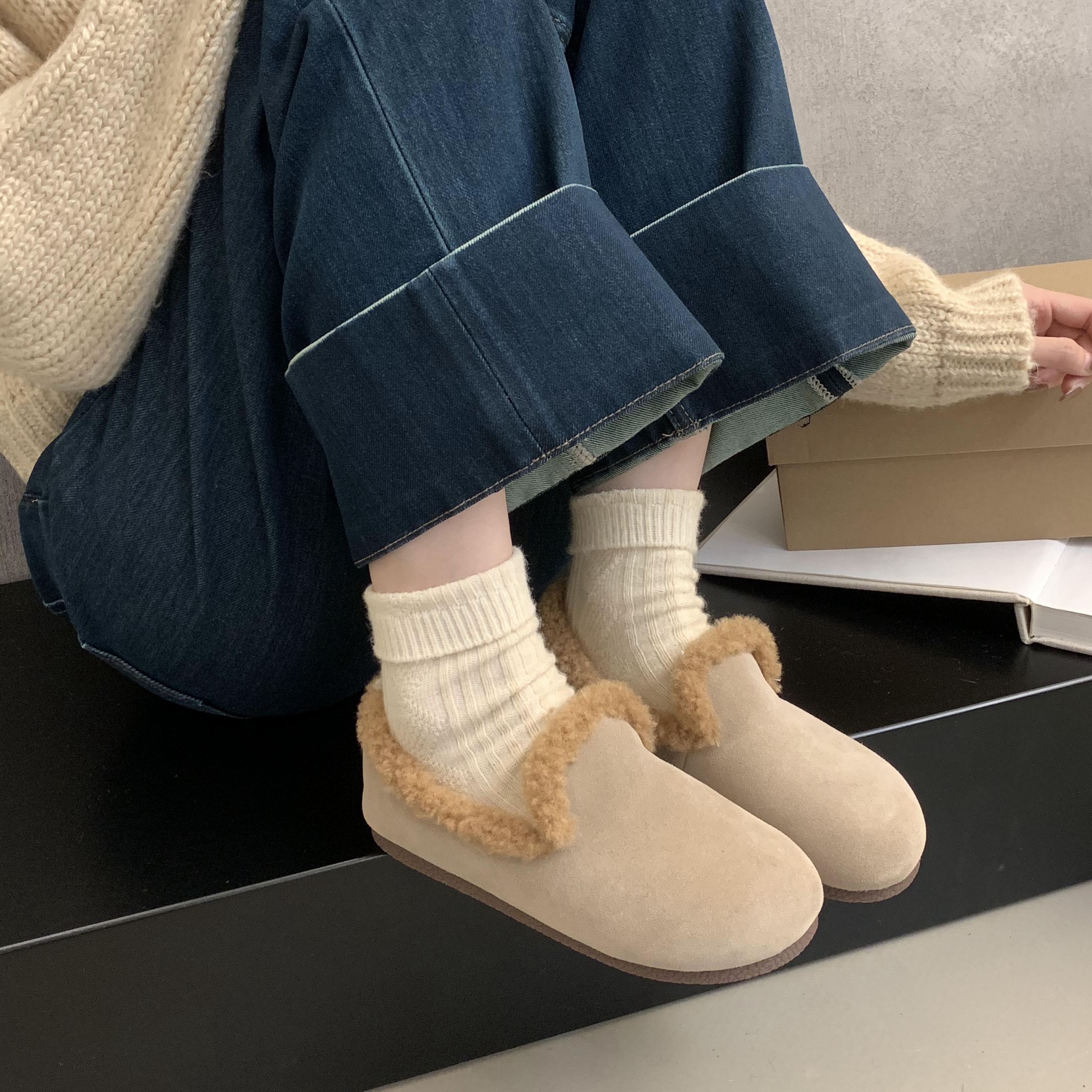 牛皮纯色极简穆勒棉鞋厚底加绒羊卷毛舒适东北勃肯鞋女2025秋冬