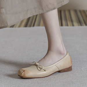 2023秋季新款水洗马皮猪鼻子女鞋复古中跟绑带单鞋仙女风芭蕾舞鞋