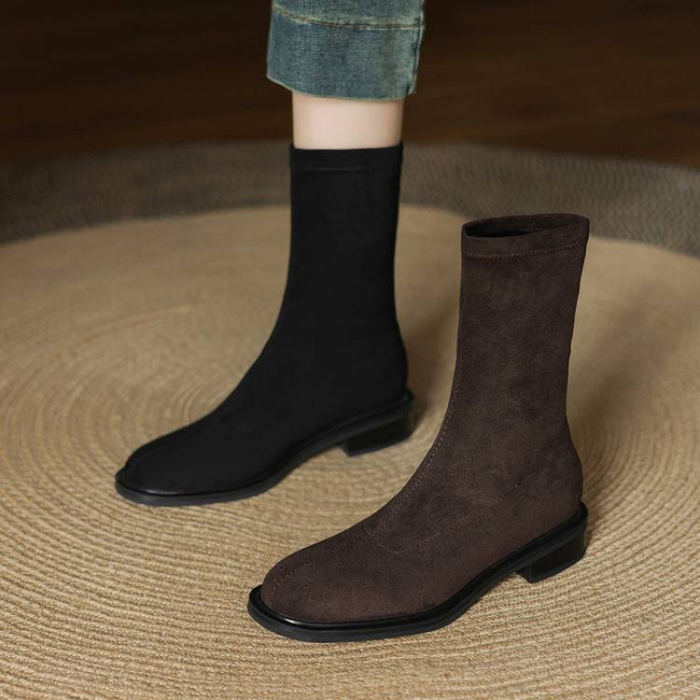 龙猫叔圆头粗跟弹力瘦瘦靴袜靴