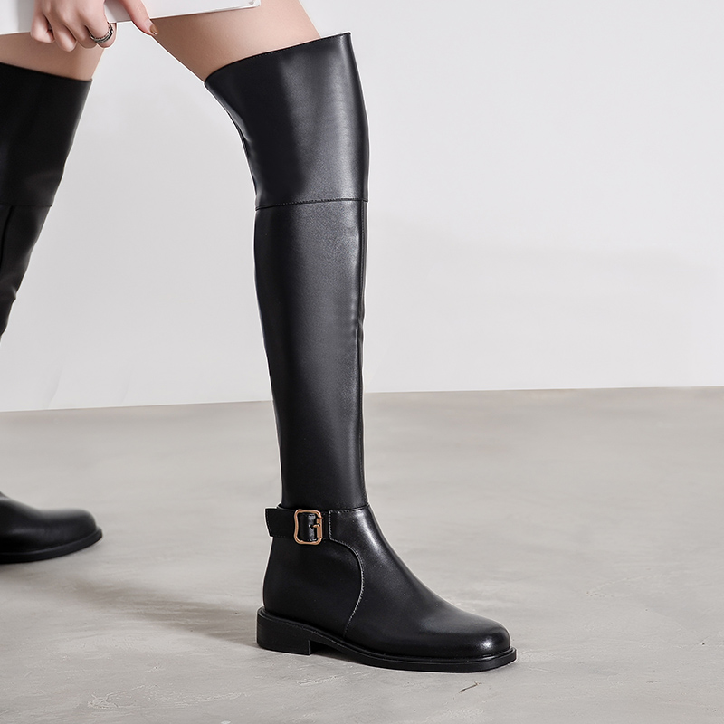 瘦腿过膝长靴女低跟平底黑色高筒