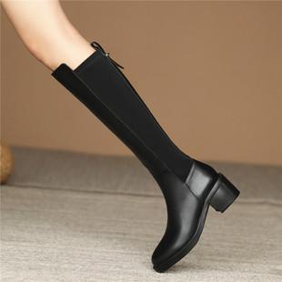 2025秋冬季 不过膝长靴女粗跟高筒骑士靴英伦风显瘦百搭弹力靴 新款