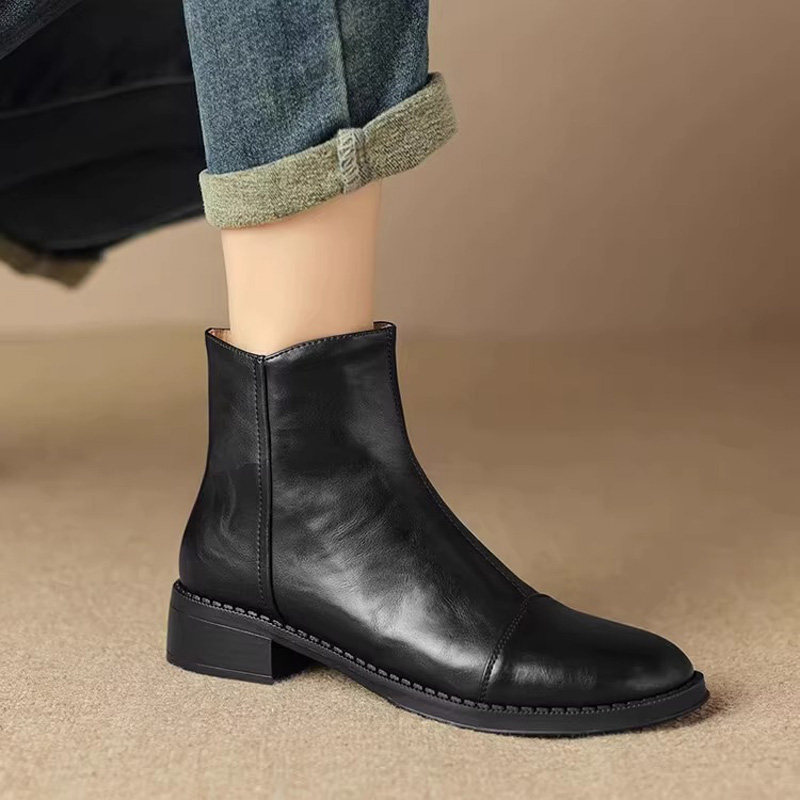 复古低跟小短靴女2025秋冬新款真皮简约百搭粗跟马丁靴加绒女靴子,女鞋,时装靴,淘宝优惠券,粉丝福利购,淘宝优惠卷