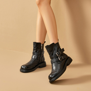 英伦风厚底马丁靴女2025秋冬新款 复古粗跟皮带扣机车靴真皮短靴子