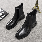 女靴2025秋冬新款 方头平跟短筒英伦风马丁靴漆皮百搭加绒里短靴子