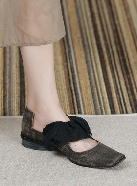 植物染灰黑色玛丽珍鞋女2026秋季新款方头小众仙女鞋复古平跟单鞋