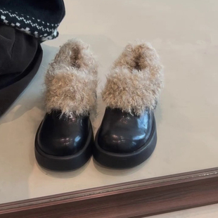 女英伦加绒保暖粗跟单鞋 2025秋冬新款 真皮羊毛复古厚底深口毛毛鞋