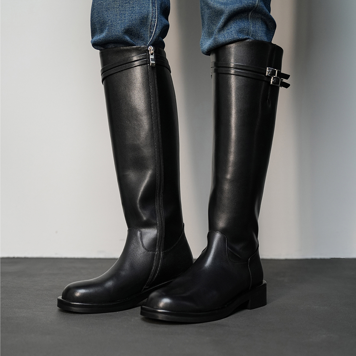 龙猫叔低跟皮带扣高筒骑士靴女