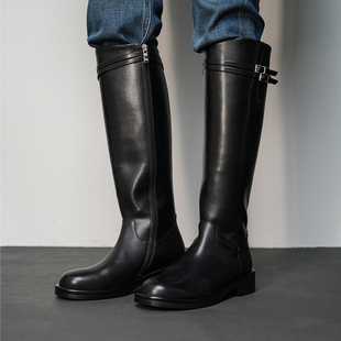 2025秋冬季 真皮显瘦不过膝长靴女粗跟皮带扣机车靴高筒骑士靴 新款