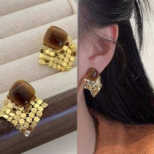 无耳洞「楼兰舞姬」复古金属亮片几何方块耳钉气质无痛蚊香盘耳夹