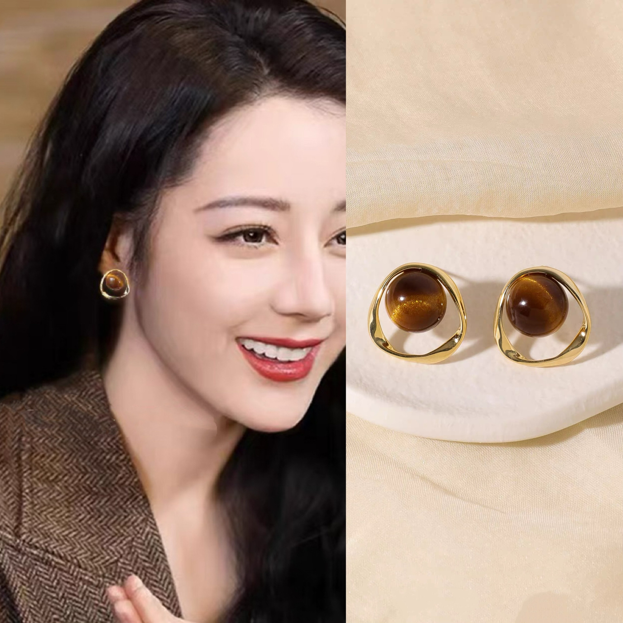 无耳洞「第九缪斯」复古美拉德咖啡色耳钉高级感无痛蚊香盘耳夹