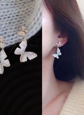 无耳洞「童话精灵」蓝色渐变大小蝴蝶耳针仙女风搭毛衣蚊香盘耳夹