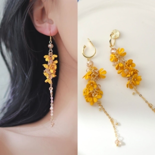 無耳洞「桂花十里」古風(fēng)桂花長款 流蘇麥穗耳環(huán)氣質(zhì)無痛蚊香盤耳夾