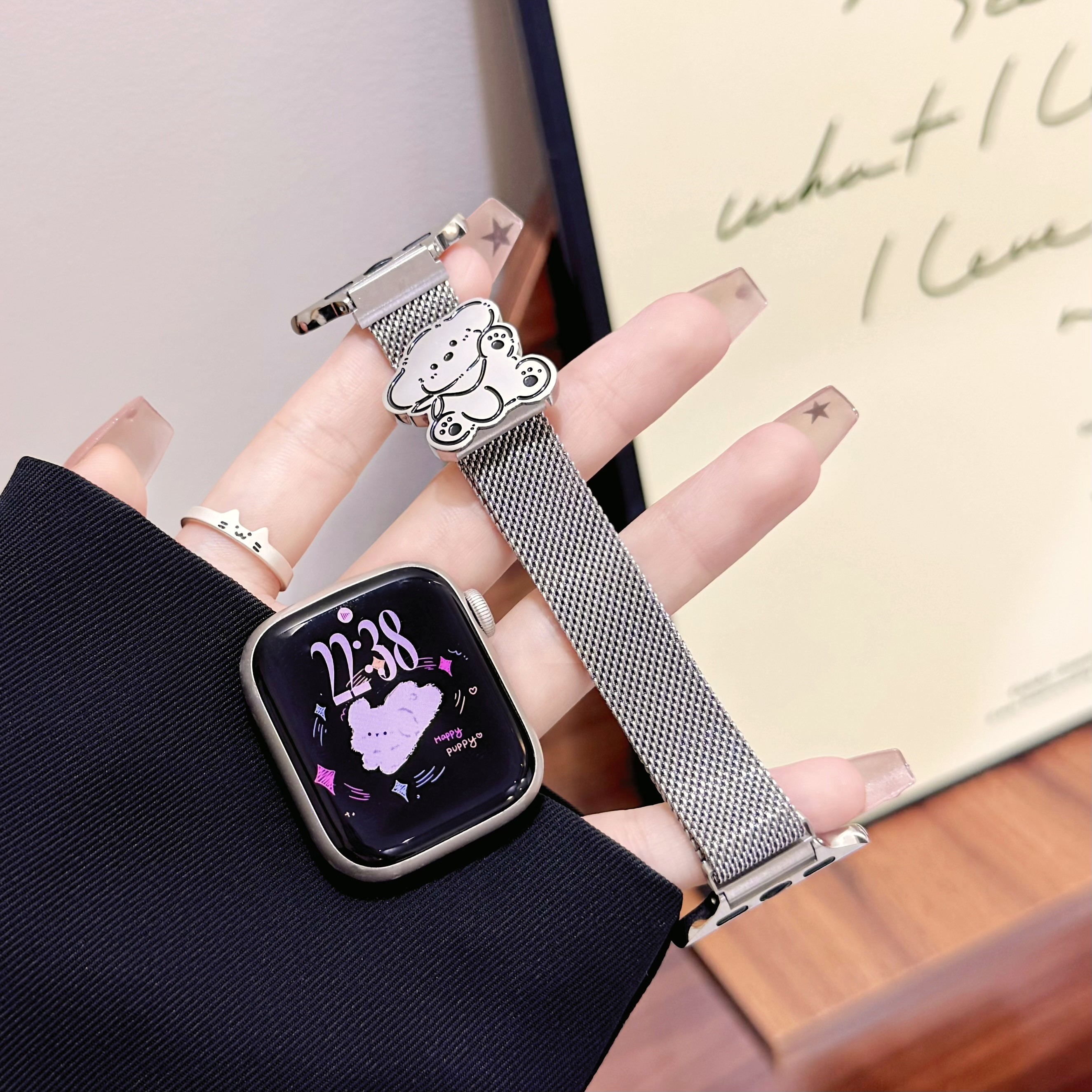 适用appleiwatchs10987不锈钢可爱小狗小米10小米9pro华为109表带