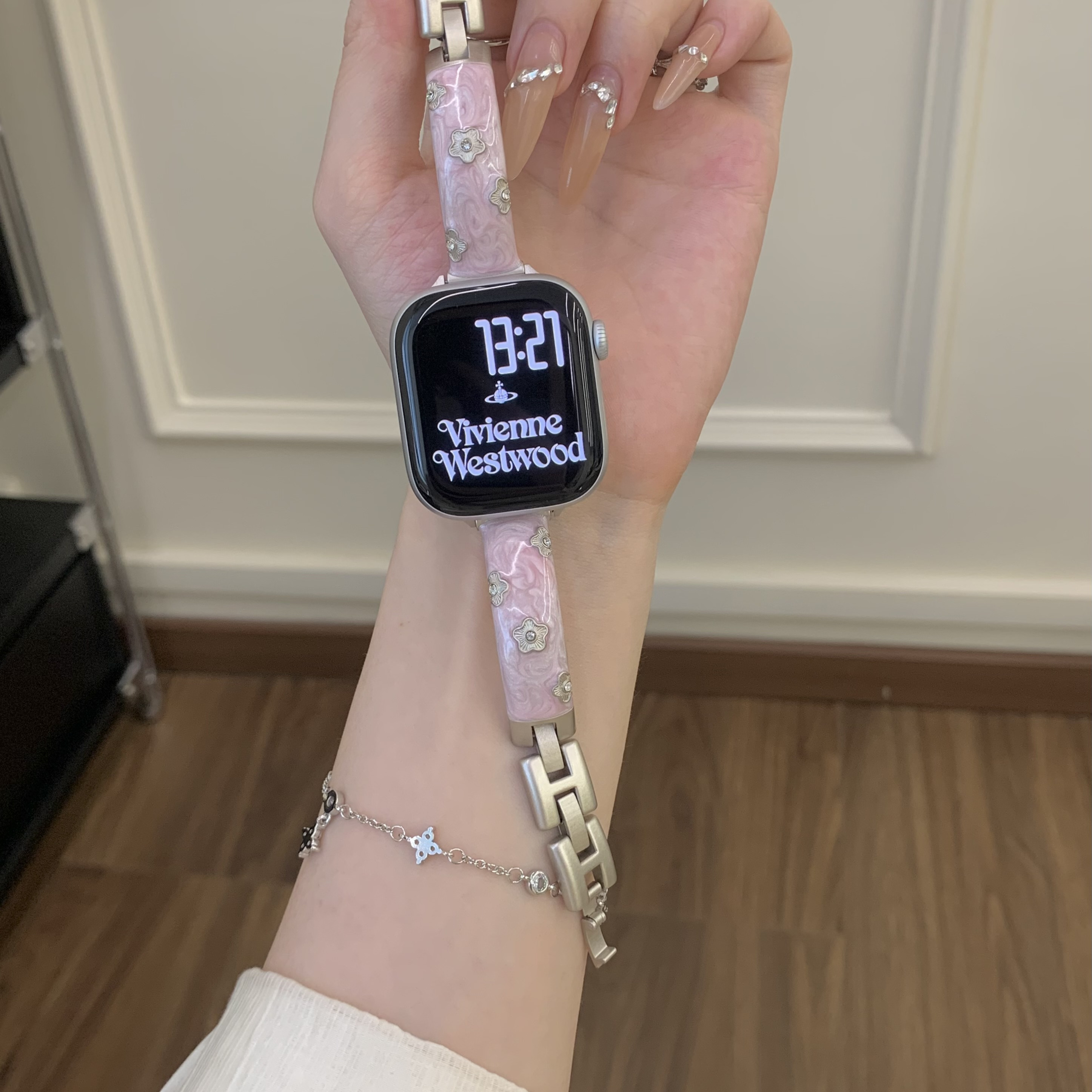 花朵钻滴胶金属手镯表带适用苹果iWatch10小米10小米9pro华为10女