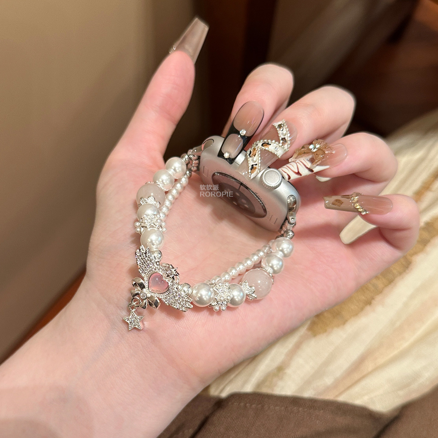 爱心天使串珠表带适用苹果AppleWatchs11s10小米手环10pro华为fit图片