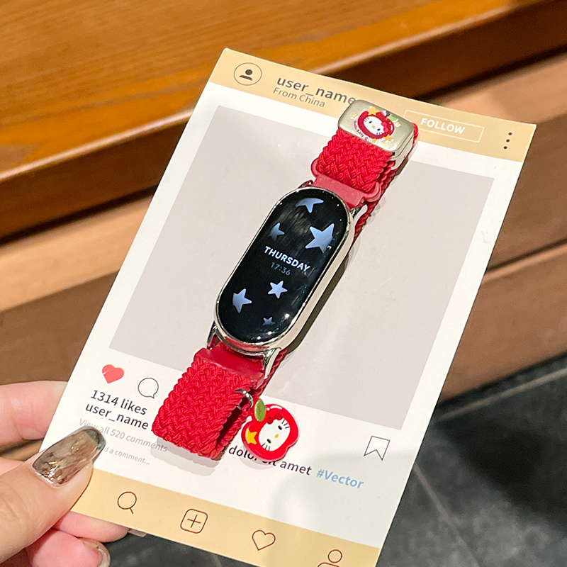 红苹果kt适用小米手环10表带可爱凯蒂猫9pro尼龙876nfc秋冬8pro女