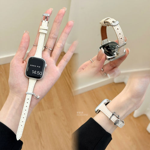 适用苹果AppleWatchs11s10气质T型荔枝纹皮表带小米手环10profit5