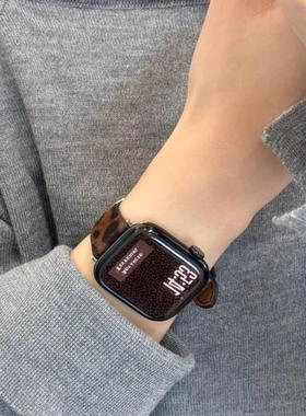 适用苹果Applewatch10s9s87秋冬豹纹小羊皮创意表带SE21高级感女